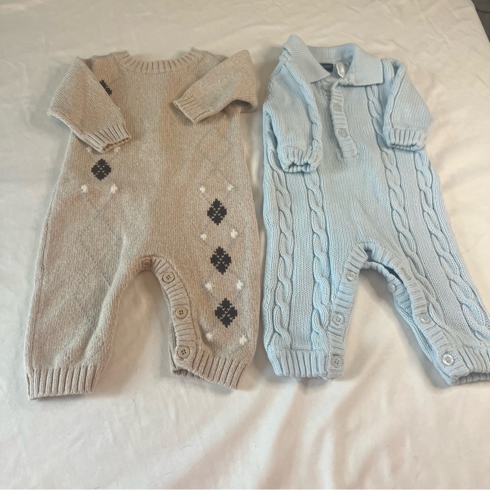 Baby 0-3 Months Knit Romper Bundle Argyle Cable Knit Neutral Blue Cotton